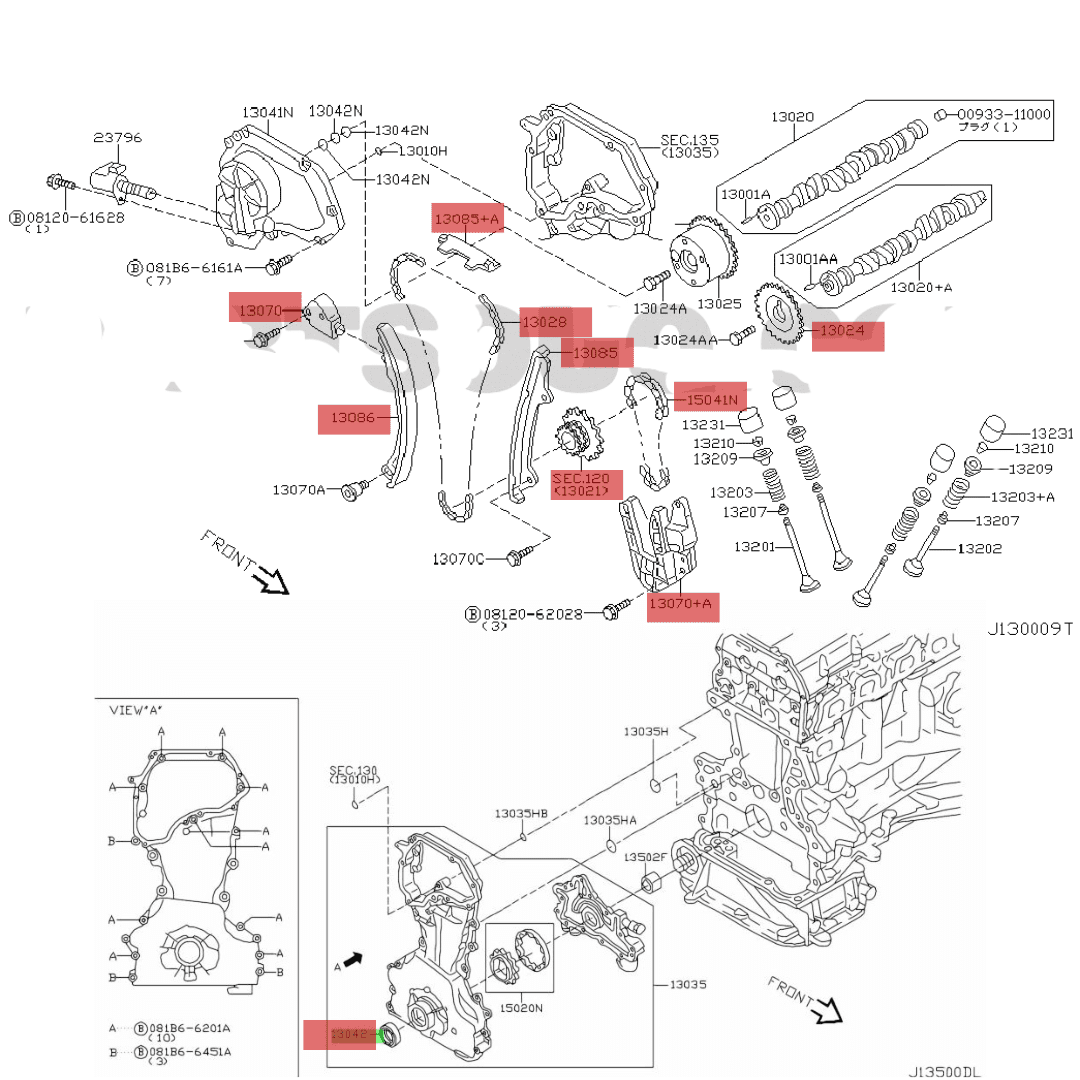 Kit de Tiempo (10 piezas) Nissan X-Trail 2004-2009 2.5 4Cil 16V QR25DE 130286N200 Hasaki